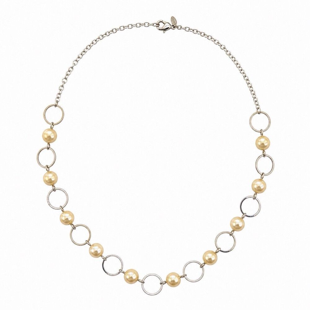Vintage 1960s SHB Faux Pearl Necklace Circle Link Silver Tone Mid Century Choker